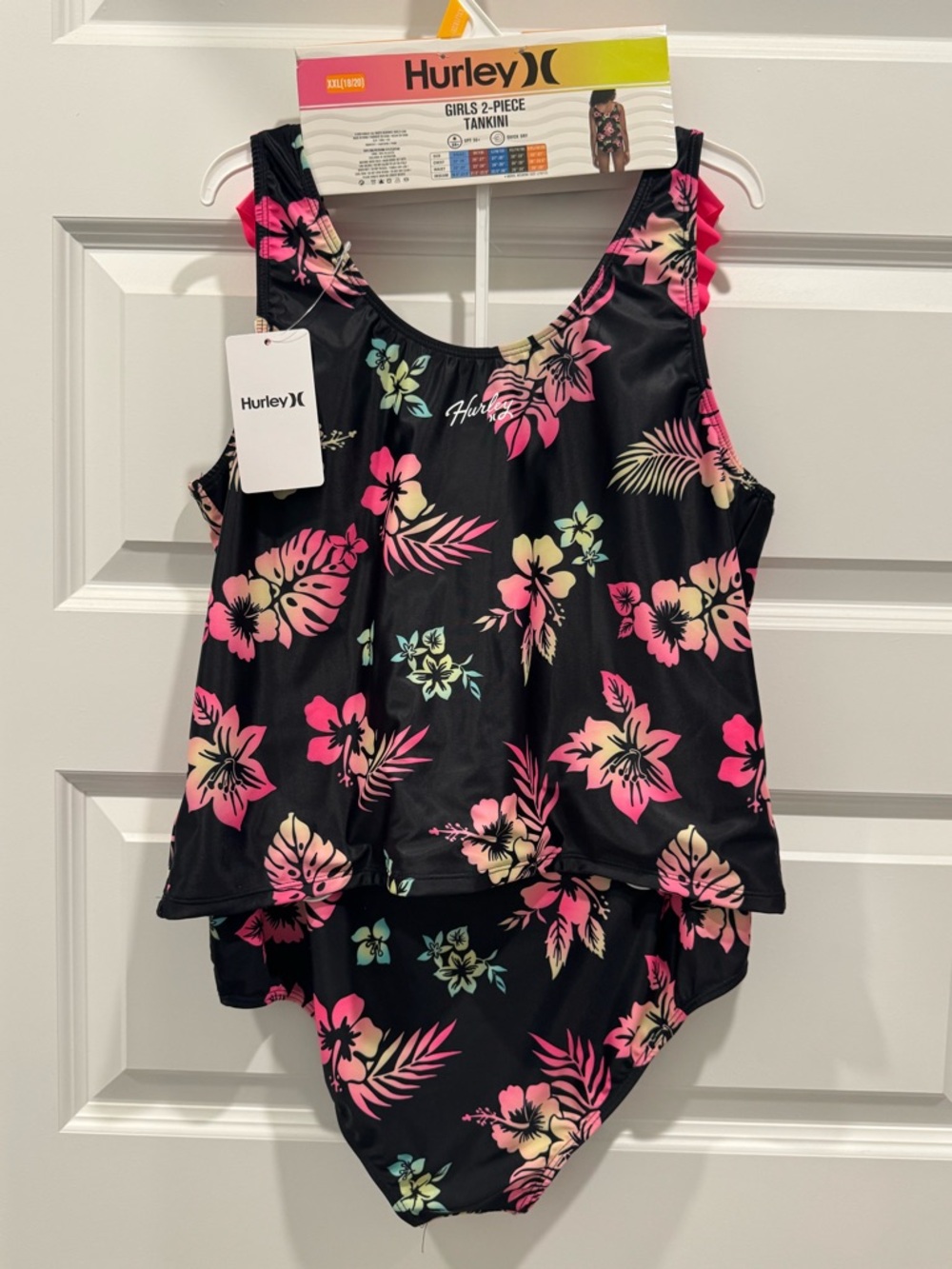 Hurley Girls Swim XXL 18-20 Black Floral Tankini with Pink Side Ruffles - Picture 2 of 11